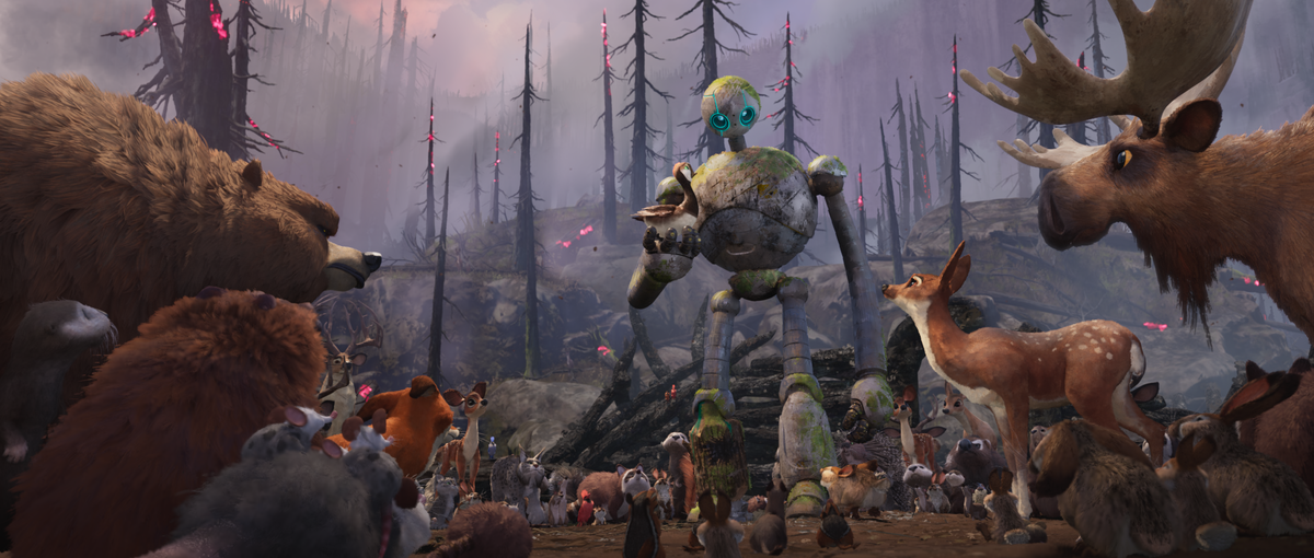 Roz and the island inhabitants in The Wild Robot.