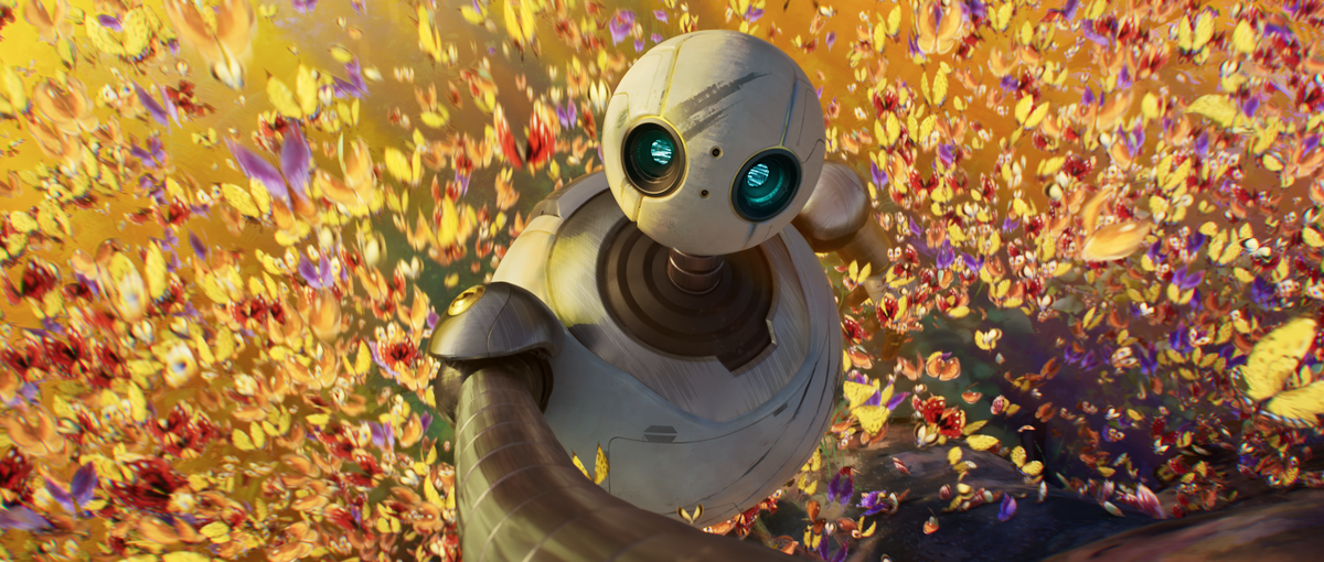 Roz the robot runs with the butterflies.