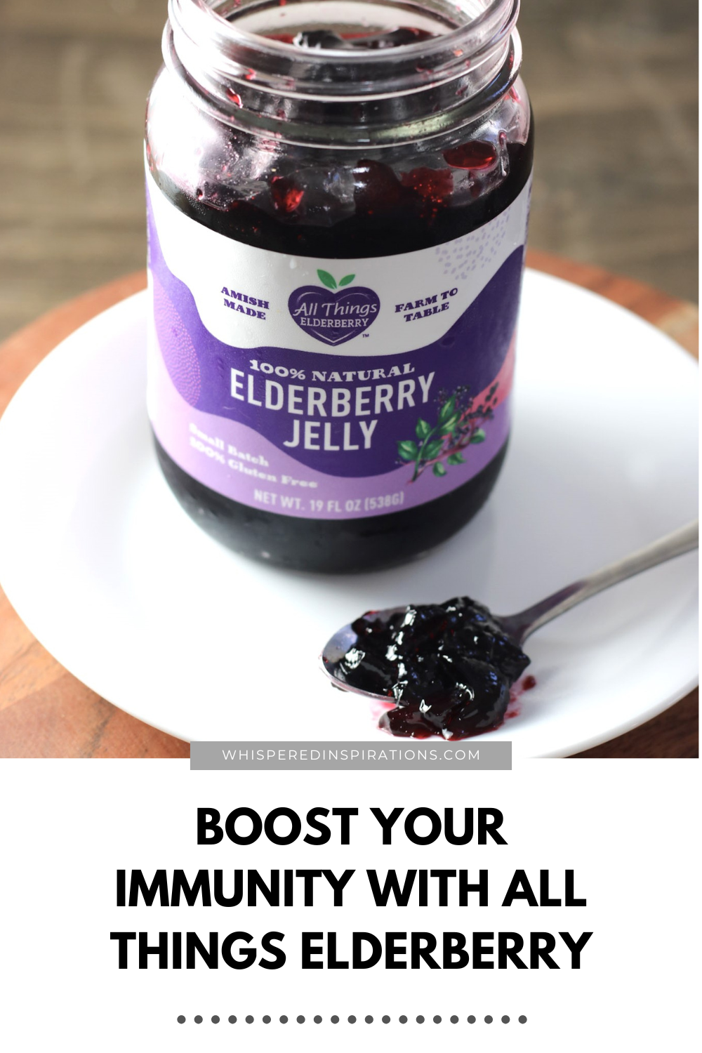 A jar of jelly opened with a spoon scooped out. A banner says, boost your immunity