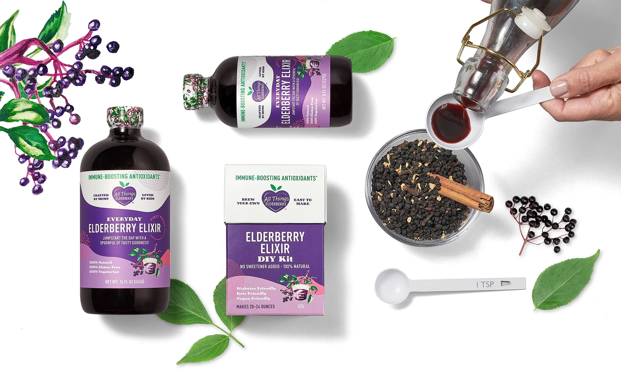 A few 'All Things Elderberry' products are shown on a white background. A person pours elderberry elixir. This article covers how to boost your immunity naturally with All Things Elderberry.