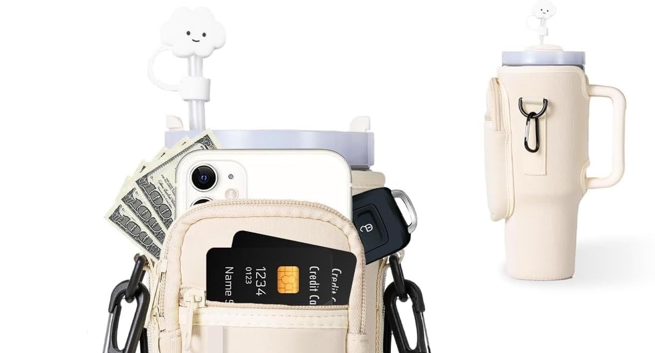 A beige Stanley cup over the shoulder bag.