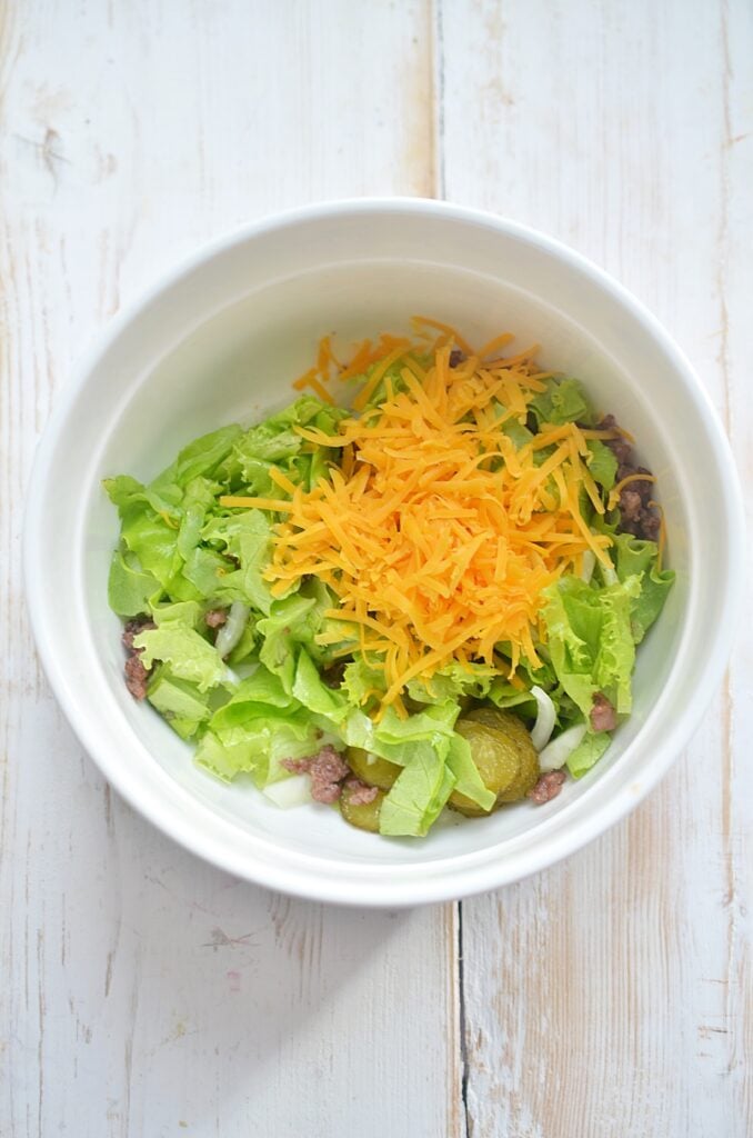 Big Mac in a Bowl ingredients being mixed.