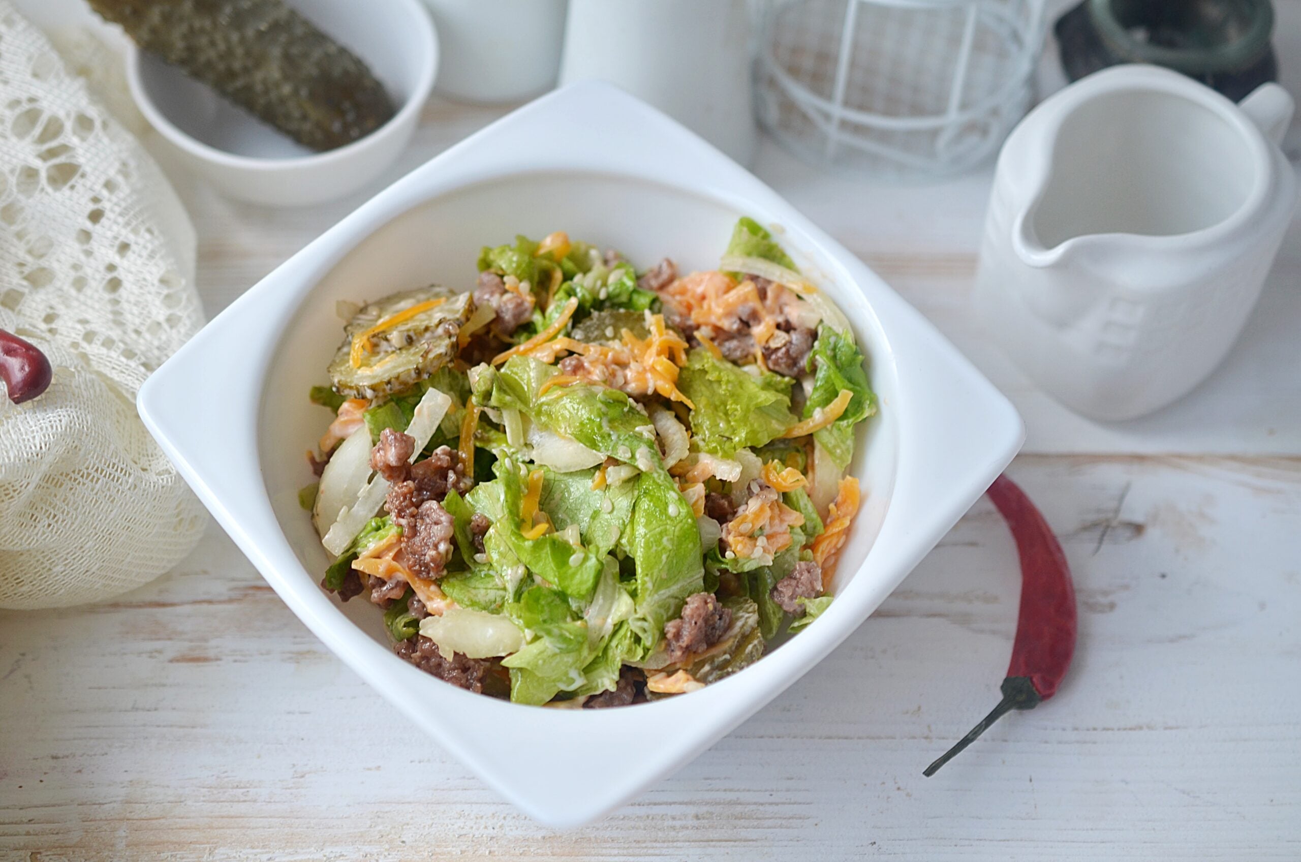 The fully assembled Big Mac in a Bowl with all the toppings.