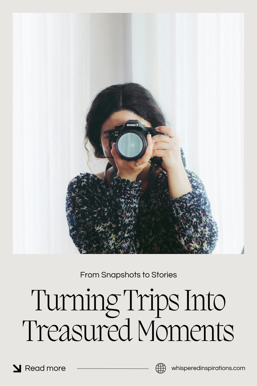 A woman holds a camera and points it back to the camera. This article covers turning trips into treasured moments.