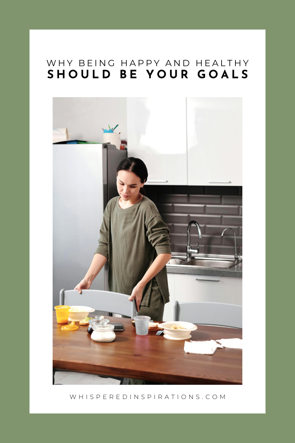 A woman sits down at a table with a healthy meal in front of her. This article covers why being happy and healthy should be your goals.