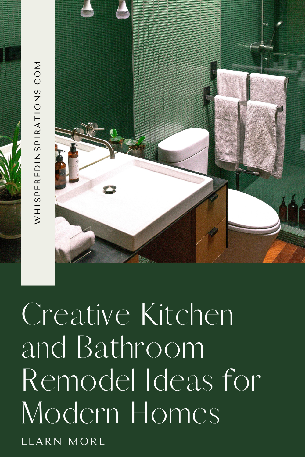 A beautiful, modern, minimal, green tiled bathroom is shown. This article covers creative kitchen and bathroom remodel ideas for modern homes.
