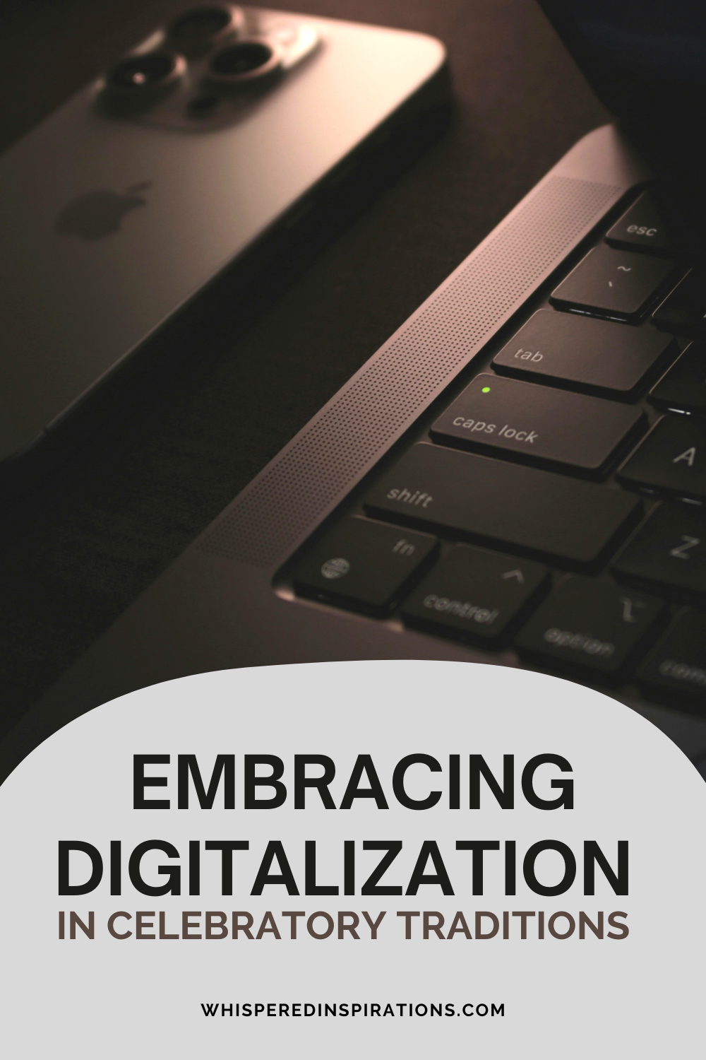 A dark and moody pictures of a close up of a laptop and iPhone. This article covers embracing digitalization in celebratory traditions.