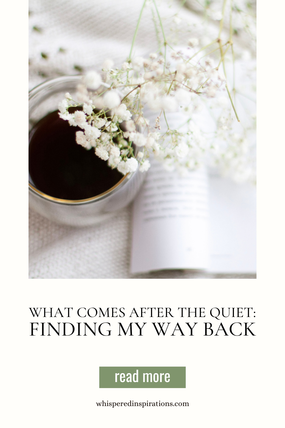A cup of black coffee sits next to a book with Baby's Breath on top. This article covers life after loss.