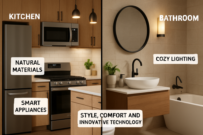 A modern kitchen and bathroom are shown with different features that make them perfect for the modern home. 