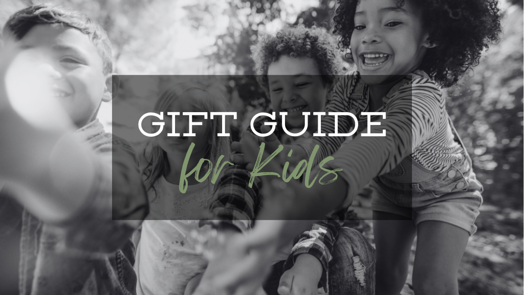 A black and white picture of a group of kids playing. A banner reads Gift Guide for Kids. 