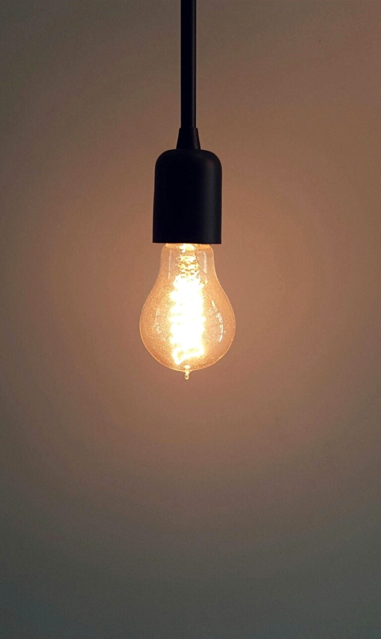 A light bulb hangs against a neutral dark beige wall. This article covers easy ways to make your home more efficent.