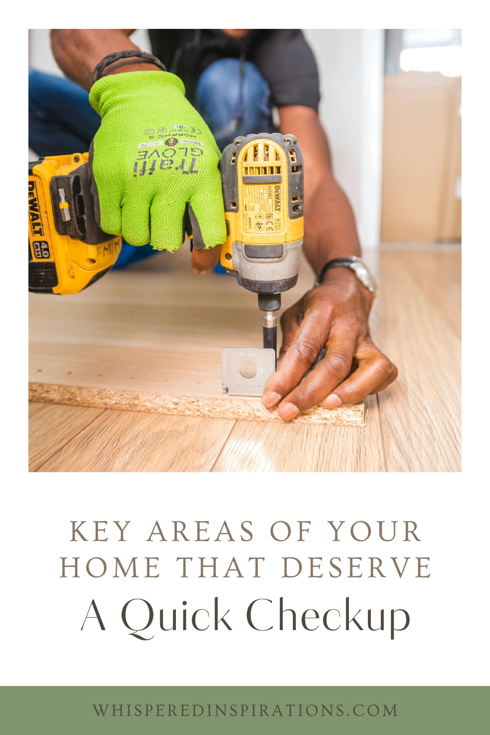 Man using a Dewalt tool attaching a hinge to a piece of wood. This article covers key areas of your home that deserve a quick checkup today.