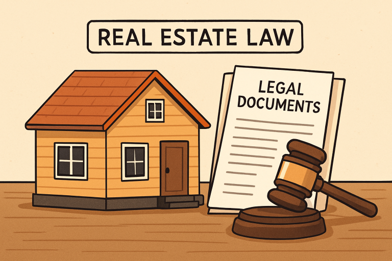 A graphic of a house and legal documents with a gavel.