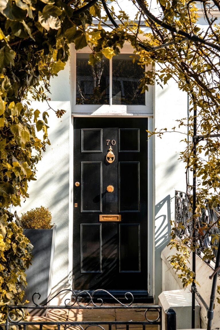 A white house with a black and gold door in the center. Greenery surrounds the door. This article covers how new doors can transform your home.