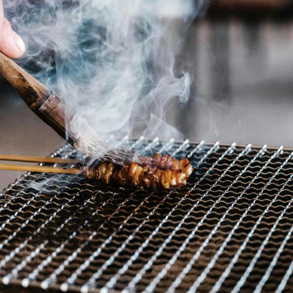 Close-up of a delicious grilled yakitori skewer cooking on a smoking grill.