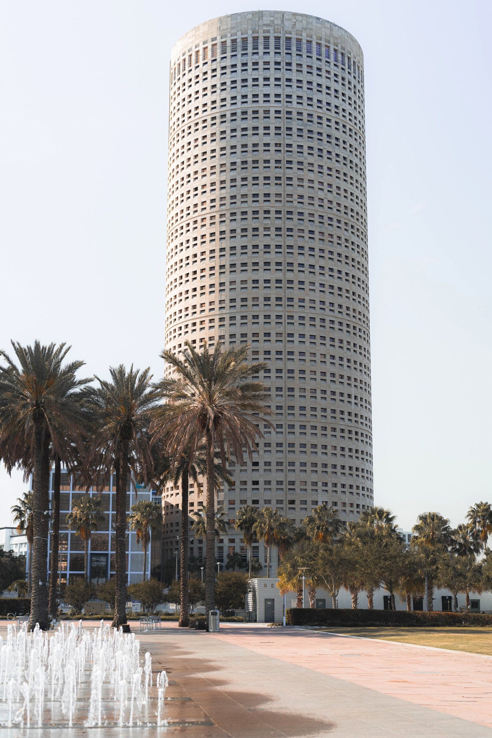 Tall cylindrical skyscraper with surrounding palm trees in urban area on a sunny day in Tampa. This article covers an ultimate guide for relocating to Tampa.