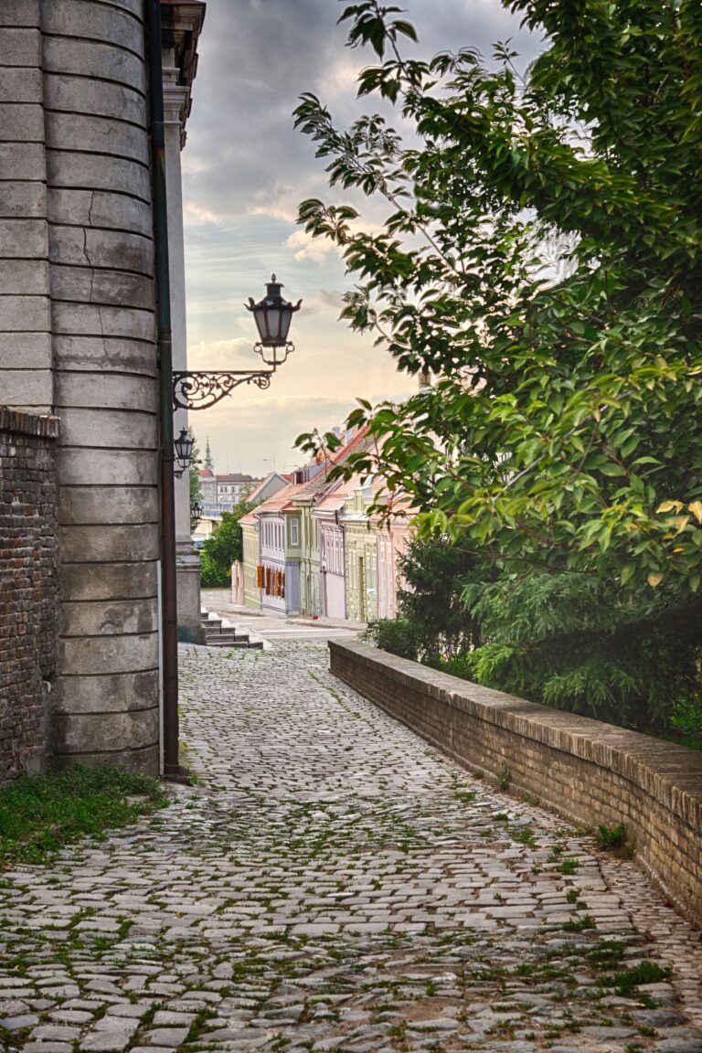 Picturesque cobblestone alley in Petrovaradin, Serbia, with colorful houses and lantern. This article covers a weekend in Fruška Gora.