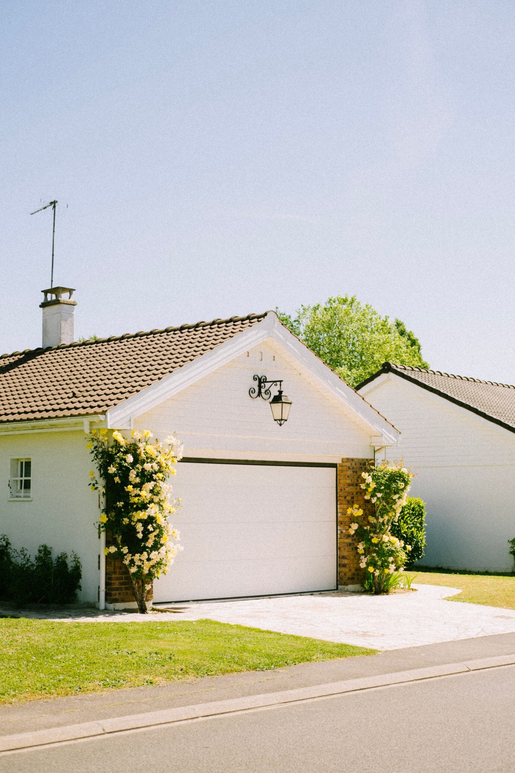 Beautiful suburban house with a garage surrounded by flowering plants in a sunny neighborhood. This article covers how to handle a garage door that suddenly stops working.