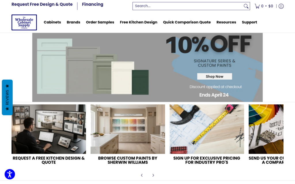 A screenshot of Wholesale Cabinet Supply's website. 