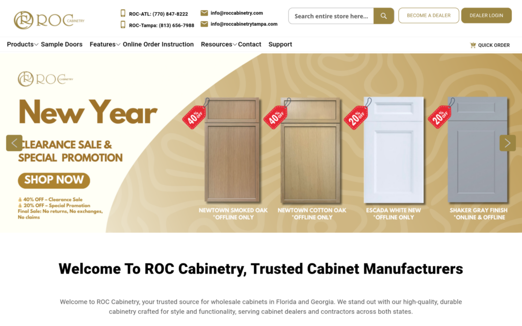 A screenshot of the ROC Cabinetry website. 