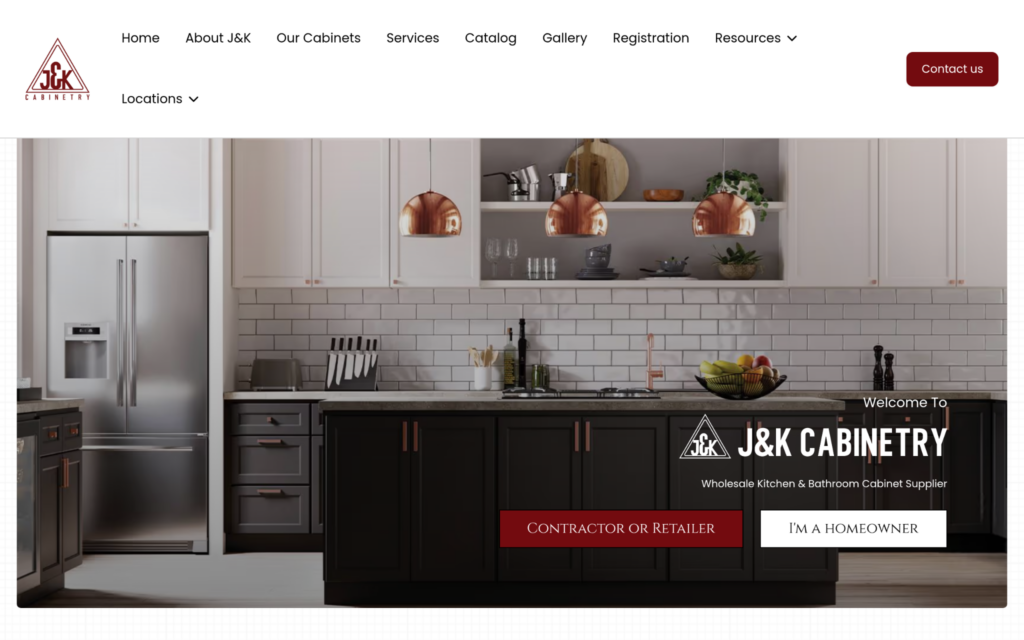 A screenshot of the J&K Cabinetry website. 