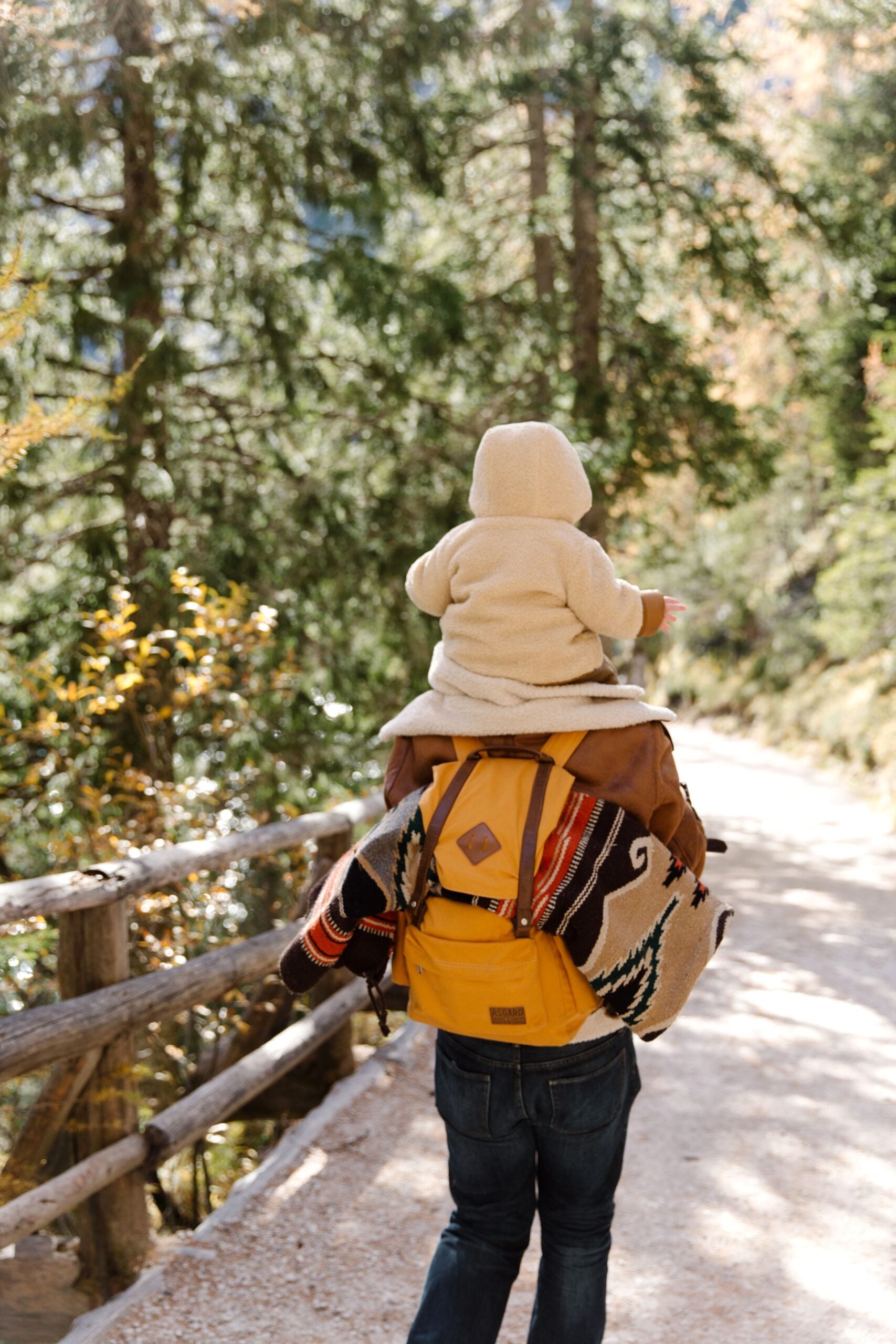 Father carrying child on shoulders through a scenic fall forest trail, enjoying nature's beauty. This article shares the best places to travel with kids.