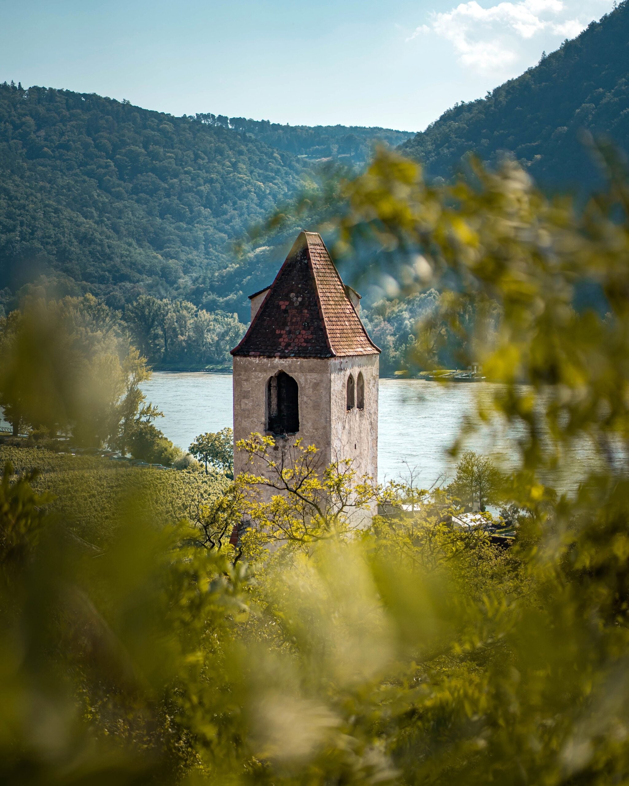 Bell tower amidst lush greenery with mountains and river in Krems, Austria. This article shares how to enjoy the Wachau in autumn.