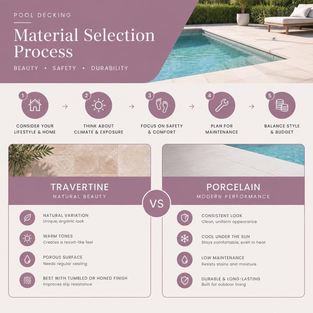 pool decking material selection process infographic