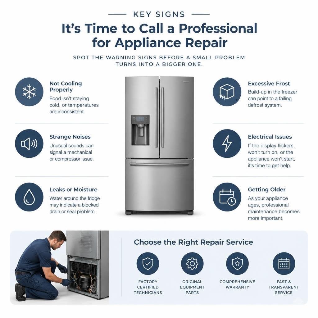 Infographic showing key signs that it is time to call a professional for appliance repair infographic