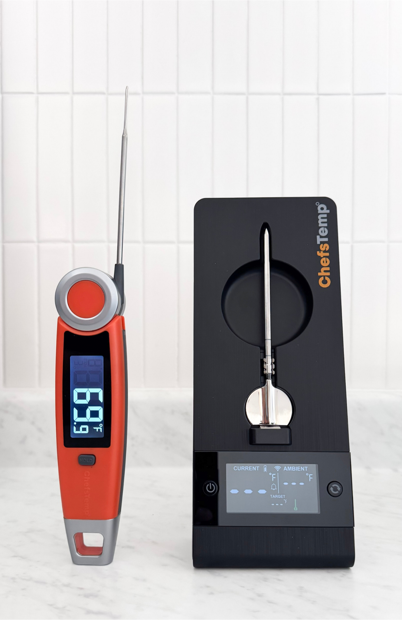 Two ChefsTemp thermometers and probe are shown on the kitchen counter. They are a must-have items for indoor as well as outdoor cooking and a part of the ultimate fall outdoor cooking and patio guide. 