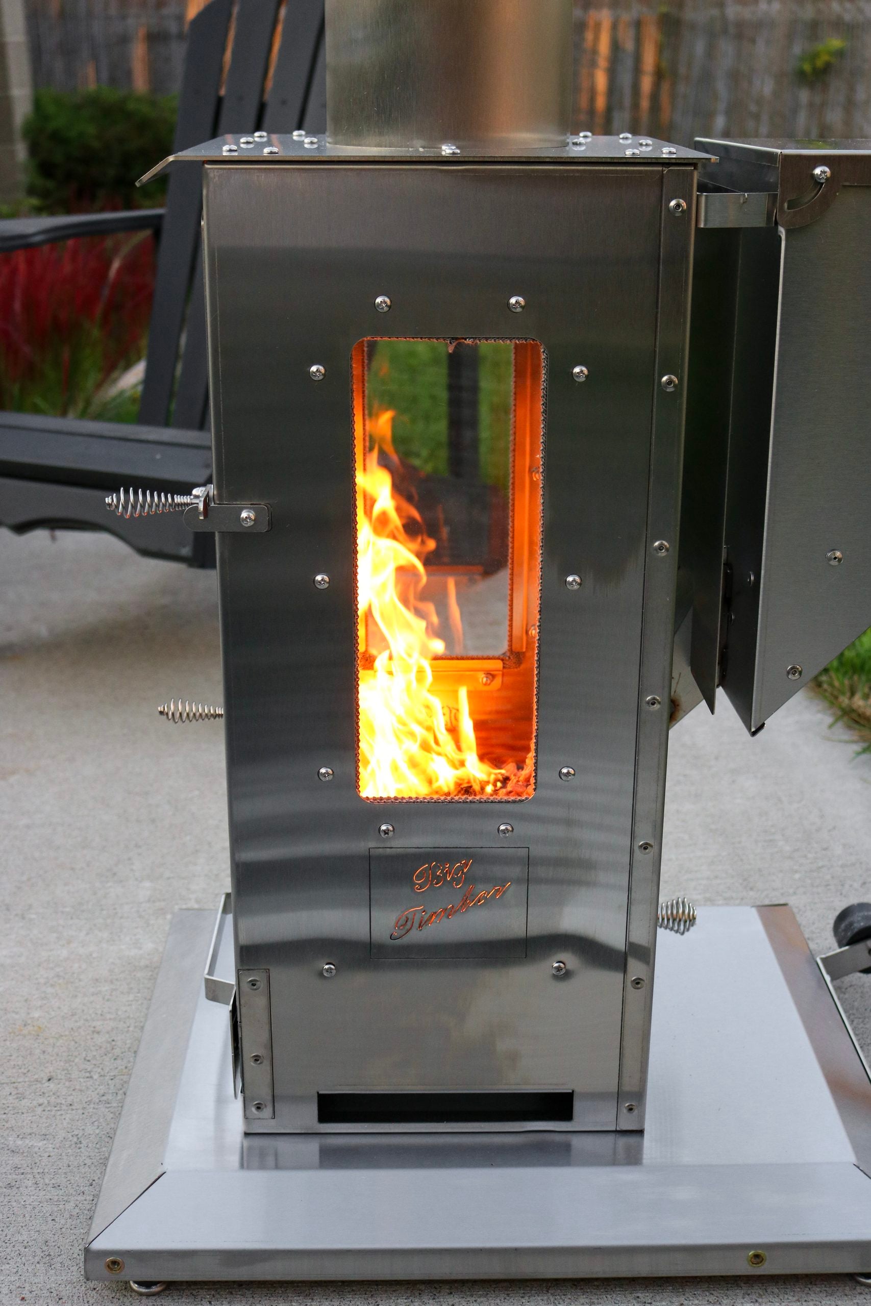 A close up of the 3 glass panels filled with the first flame on the Big Timber, the heat will begin to radiate from it by up to 12 feet.
