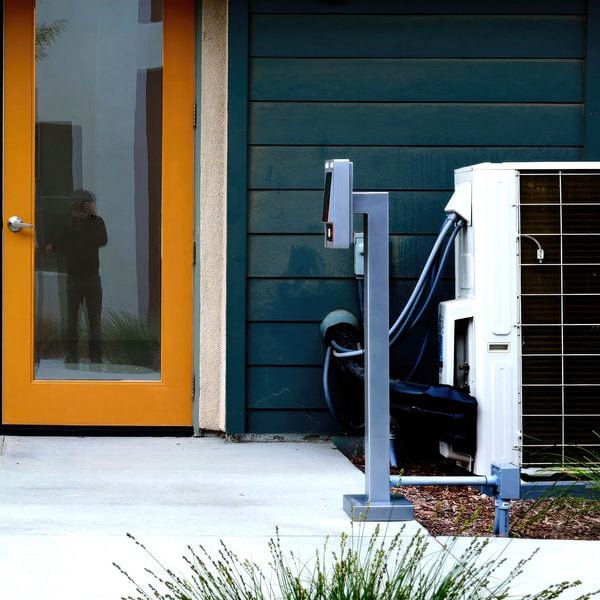 A modern house entrance featuring a yellow glass door and air conditioning unit outside. This guide shares if you should repair or replace your ac.